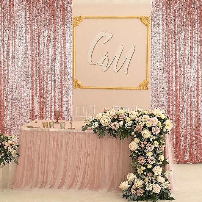 Sugargirl Rose Gold Sequin Backdrop Curtain 4 Panels 2FTx8FT Glitter Rose Gold - Image 3