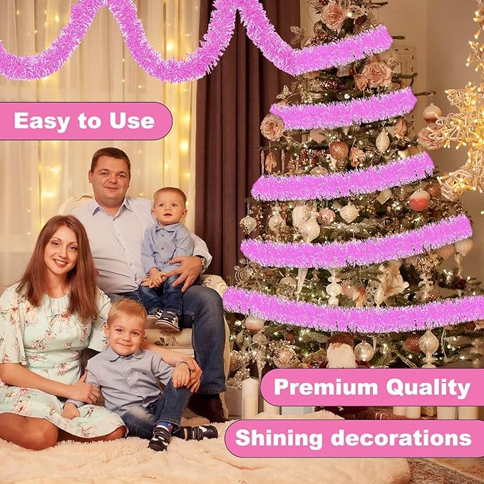 50 Feet Macaron Pink Christmas Tinsel Garland, Metallic Foil Twist Banner Wall - Image 4
