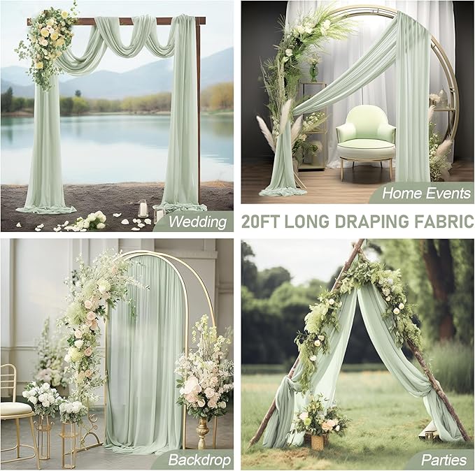 30" x 20Ft Wedding Arch Draping Fabric, 2 Panels Sage Green Sheer Curtain - Image 6