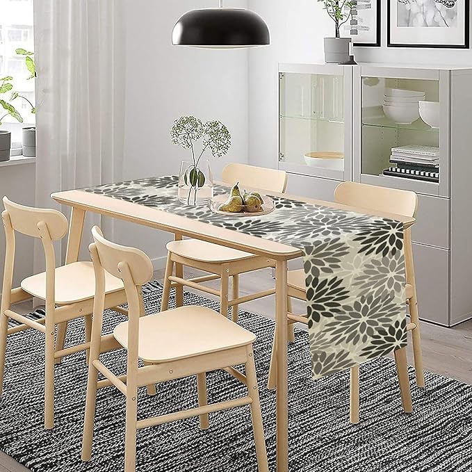Gray Dahlia Flower Table Runner, Vintage Modern Linen Geometric Pattern Floral - Image 5