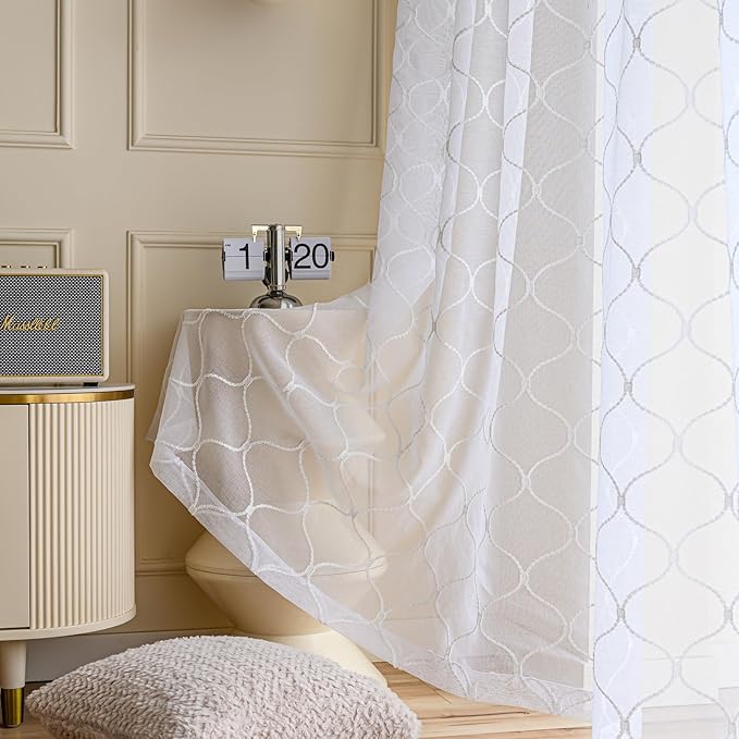 Sheer Curtains White 63 Inches Embroidered Wave Diamond, Rod Pocket Voile Drapes by MYSTIC-HOME