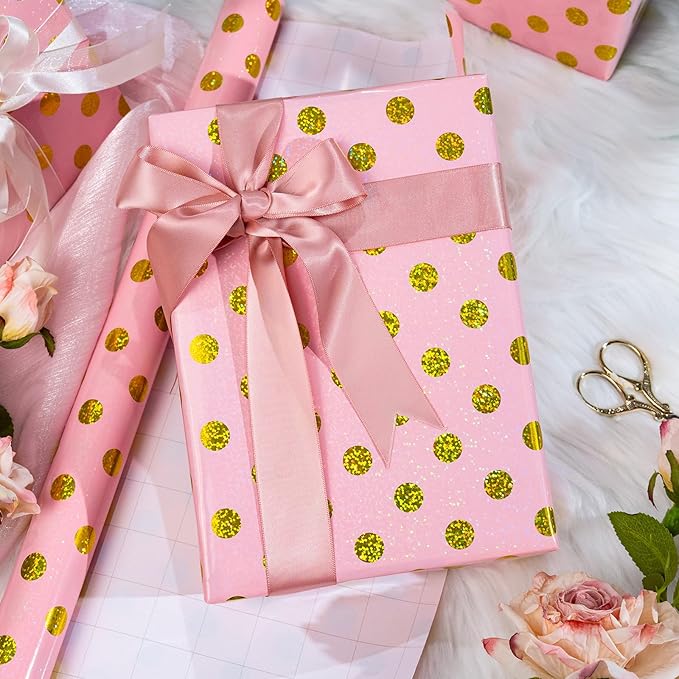 Burymento Pink Holographic Dots Wrapping Paper, Reversible Gold Gift Wrap - Image 2
