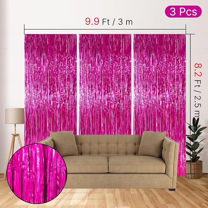 PartyWoo Hot Pink Foil Fringe Curtain Red Rose Streamers 3pcs 8.2ft Magenta - Image 4