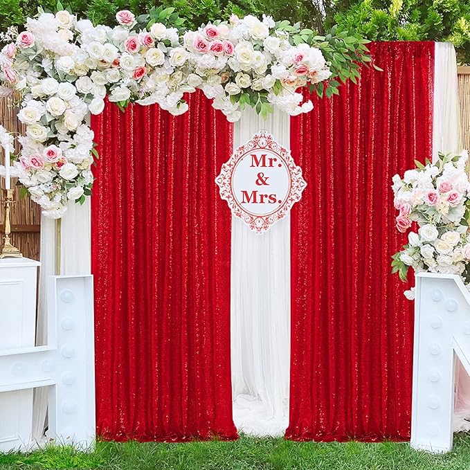 JYFLZQ Red Sequin Backdrop Curtains 10ft x 10ft 1 Panel Glitter Photo Booth - Image 2