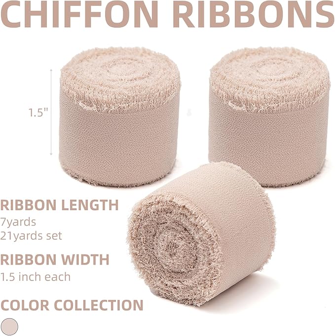 3 Rolls Light Nude Handmade Chiffon Ribbon, 1.5" x 21Yd Light Khaki Frayed - Image 2