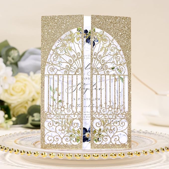 25Pcs Light Gold Glitter Laser Cut Wedding Invitation Kits - Image 6