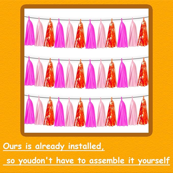 3P Hot Pink Orange LightPink Metallic Fringe Banner Garland Foil Tinsel - Image 3