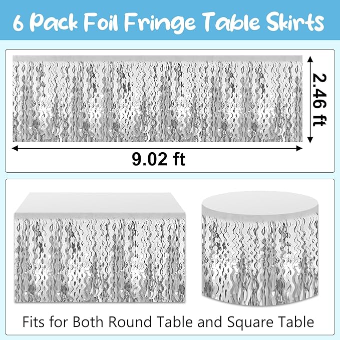 6 Pack 29 x108 Inch Silver Wave Foil Fringe Table Skirts Metallic Banner - Image 2