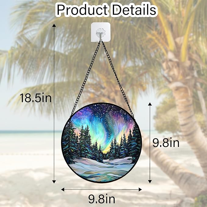 Stained Glass Window Hanging, Aurora Landscape Sun Catchers Glass Panel Green - Image 5