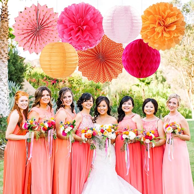Hot-Pink Burnt-Orange Party-Decorations Streamers Lanterns - Image 7