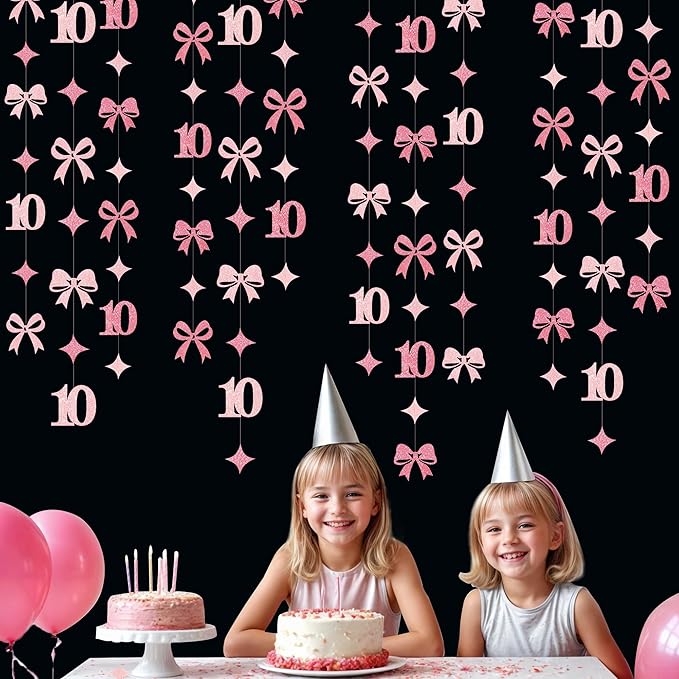 Glitter Pink 10th Bow Birthday Decorations Hot Pink Conquette Bow Garland - Image 4