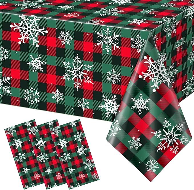 3Pcs Christmas Buffalo Plaid Snowflake Party Tablecloths Decorations, Plastic by JectivsPartyDecorations