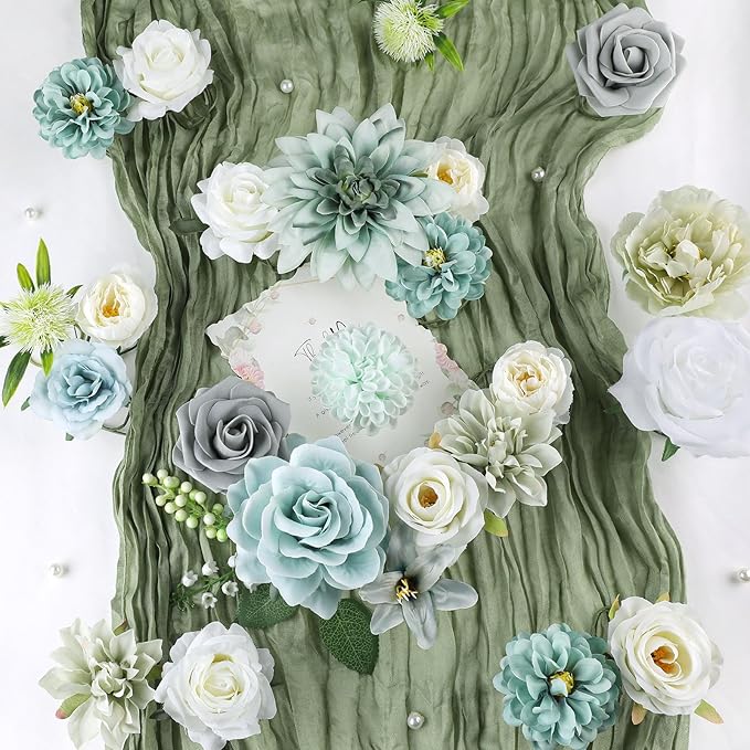 AmyHomie Teal Blue Artificial Flowers Combo Silk Mix Peony Rose Fake Flowers - Image 2