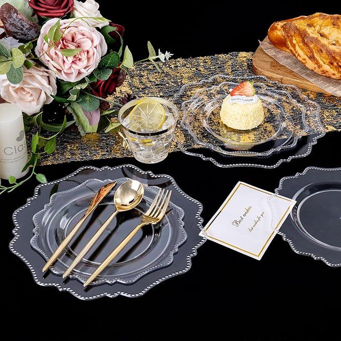COLOSUS 350pcs Clear Plastic Plates Disposable Gold Cutlery Dinnerware set - Image 6