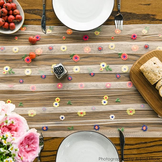 Artoid Mode 3PCS Champagne Embroidery Daisy Gauze Table Runner 120 Inch 10FT - Image 2