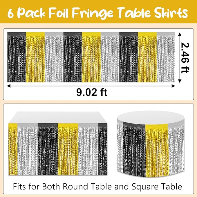 6 Pack 29 x108 Inch Black Gold Silver Wave Foil Fringe Table Skirts Metallic - Image 2