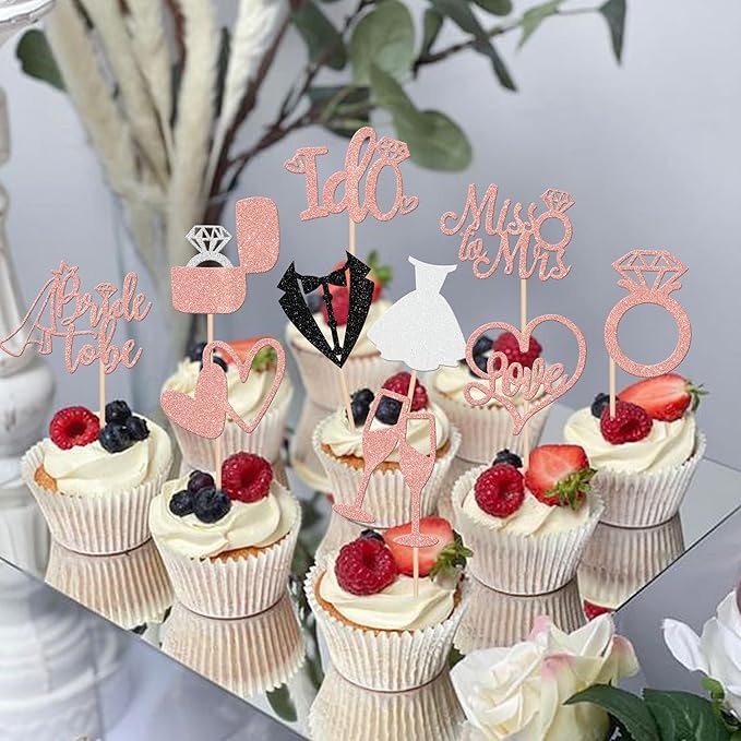 30 PCS Bride to Be Cupcake Toppers Glitter Miss to Mrs I Do Love Heart Ring - Image 4