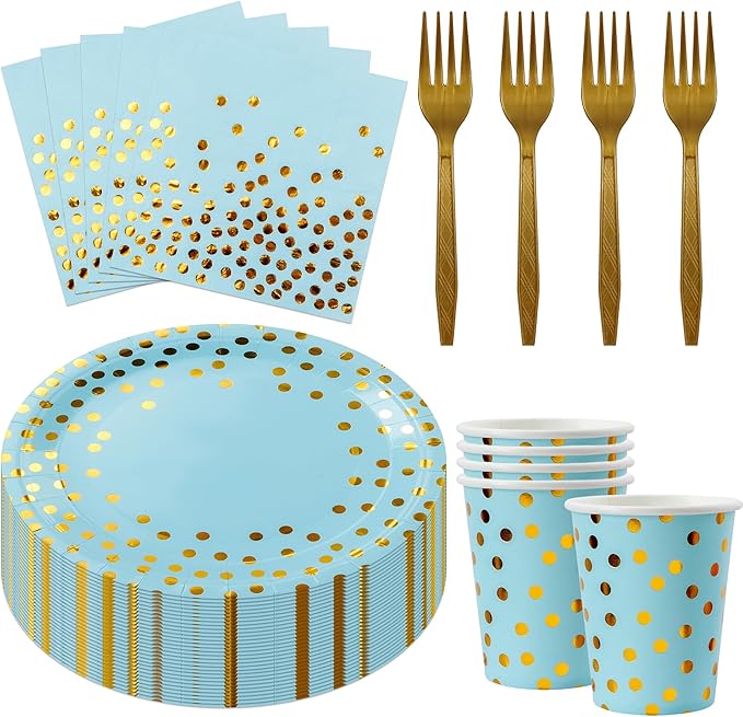 Sveikie160 Pcs blue And Gold Paper Plates, Birthday Cake Party Plates And by Sveikie