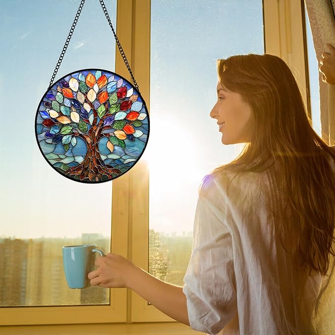 Stained Glass Window Hanging, Colorful Tree of Life Sun Catchers Glass Panel - Image 2