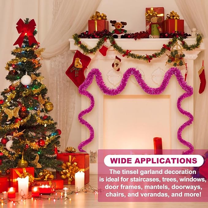 50 Feet Fuchsia Christmas Tinsel Garland, Metallic Foil Twist Banner Wall - Image 3