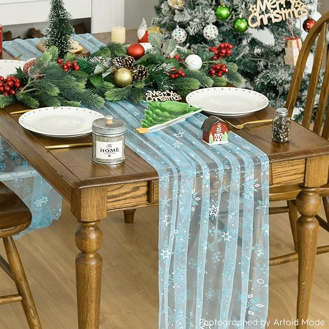 Artoid Mode Blue Snowflakes Christmas Gauze Table Runner 120 Inch 10FT - Image 3