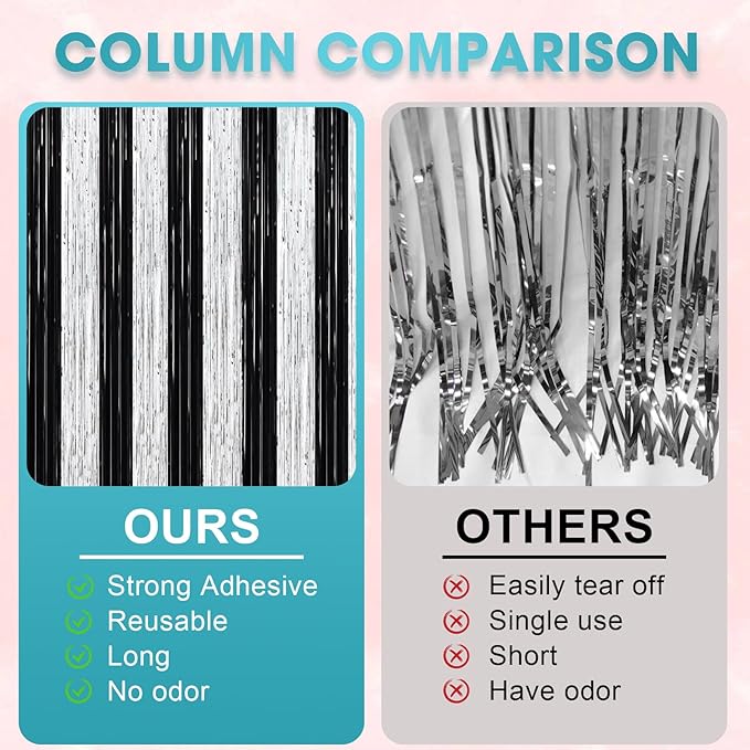 2 Pack Black and Silver Tinsel Foil Fringe Curtains, Metallic Tinsel Party - Image 5