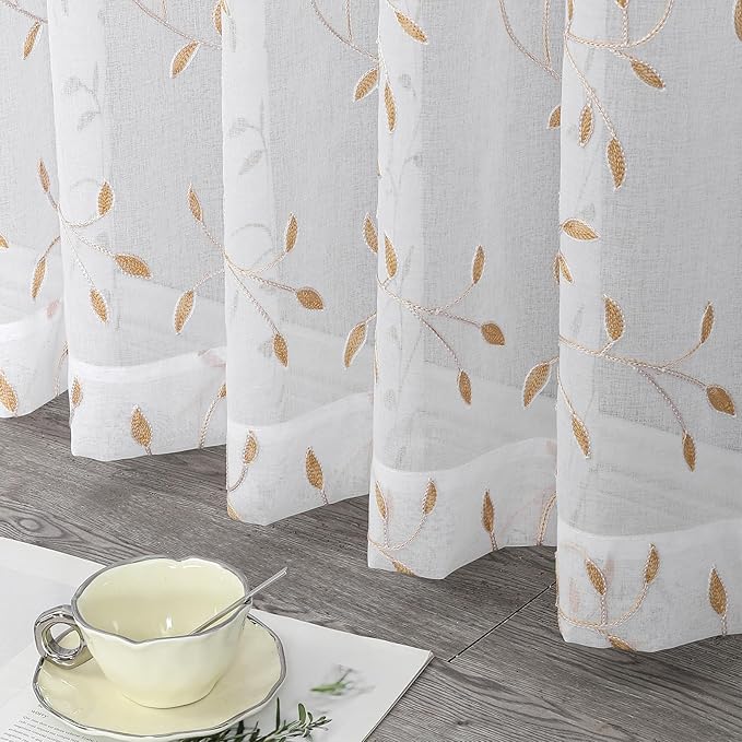 VISIONTEX White Sheer Voile Curtains, Decorative Orange Leaves Embroidery Faux - Image 6