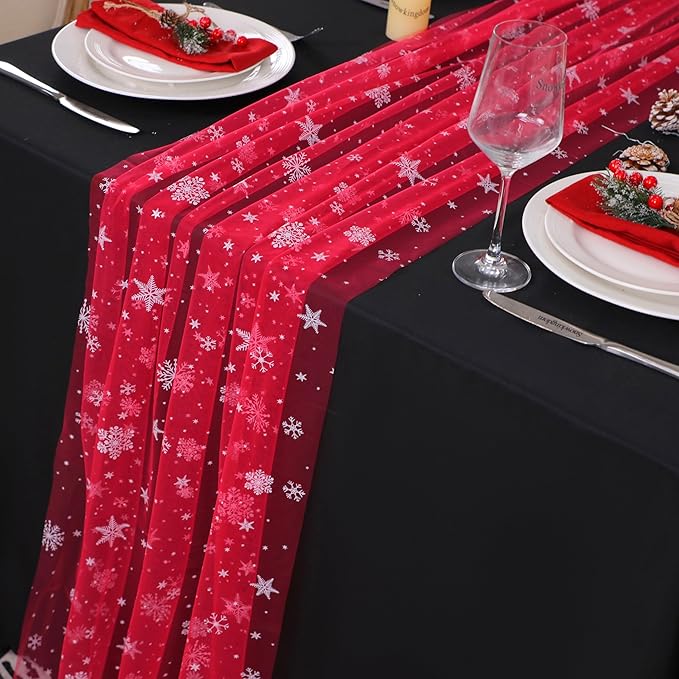 Snowkingdom Red Christmas Table Runner, Chiffon Gauze Seasonal Winter Kitchen - Image 8