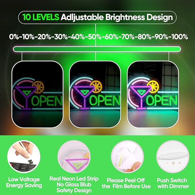 Open Neon Signs for Business, USB Dimmable Cocktails Neon Light for Beer Bar - Image 3