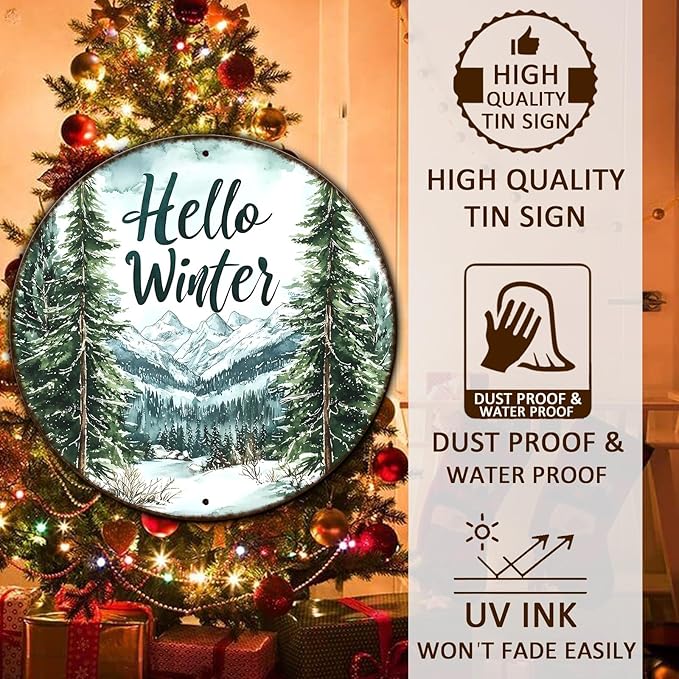 Round Christmas Metal Tin Sign Hello Winter Sign Christmas Pine Trees Welcome - Image 4