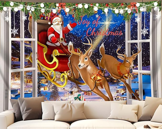 QGHOT Christmas Window Tapestry Wall Hanging Christmas Backdrop Xmas Winter - Image 5