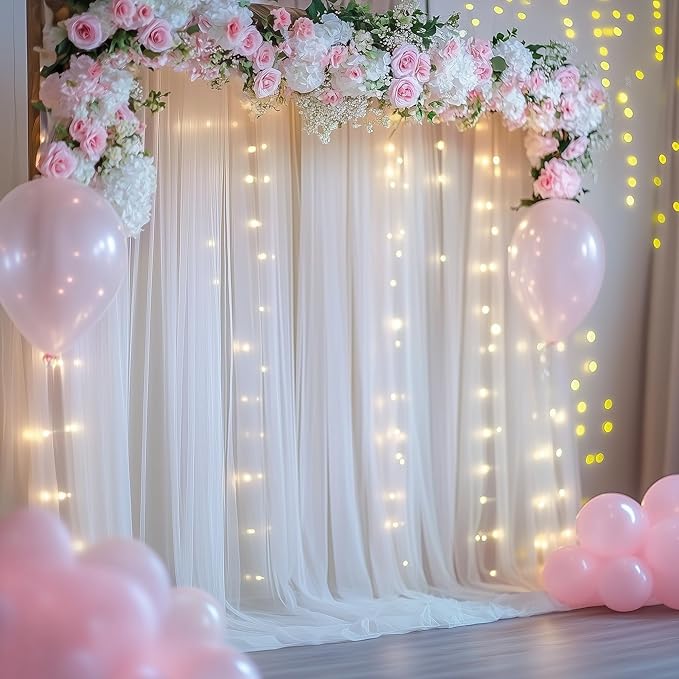 Tulle Backdrop Curtain with Lights String 30 X 8FT Ivory Sheer Tulle Backdrop - Image 6