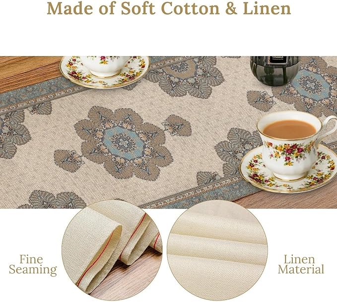 Boho Bohemia Style Table Runner, Vintage Teal Brown Retro Flower Rustic Country - Image 6