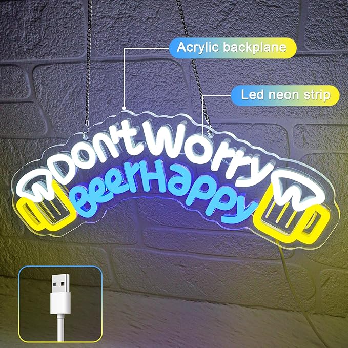 Don't Worry Beer Happy Neon Sign, Bar Sign, Beer Neon Sign, USB Powered - Image 2