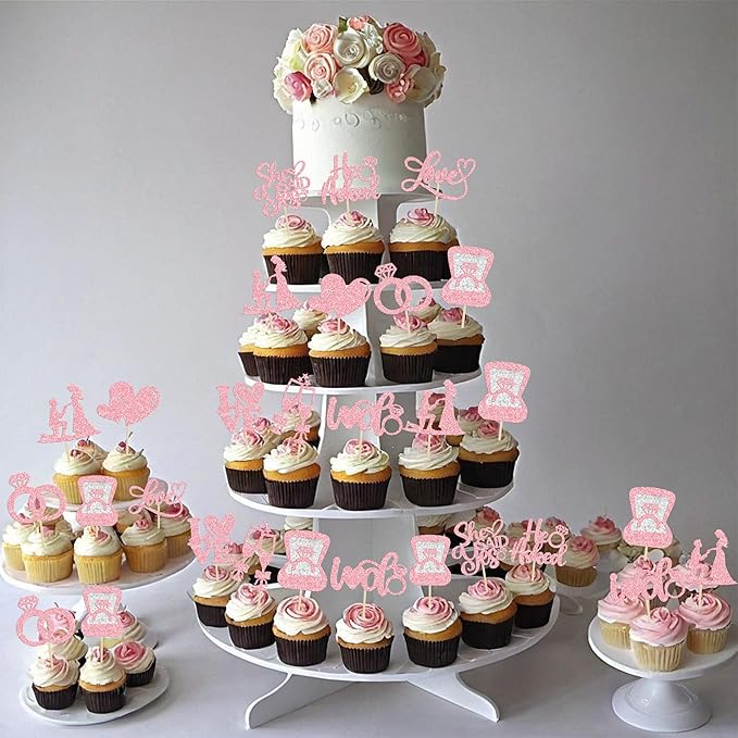 Ephlyn 30Pcs He Asked She Said Yes Cupcake Toppers Glitter Engagement Cupcake - Image 6