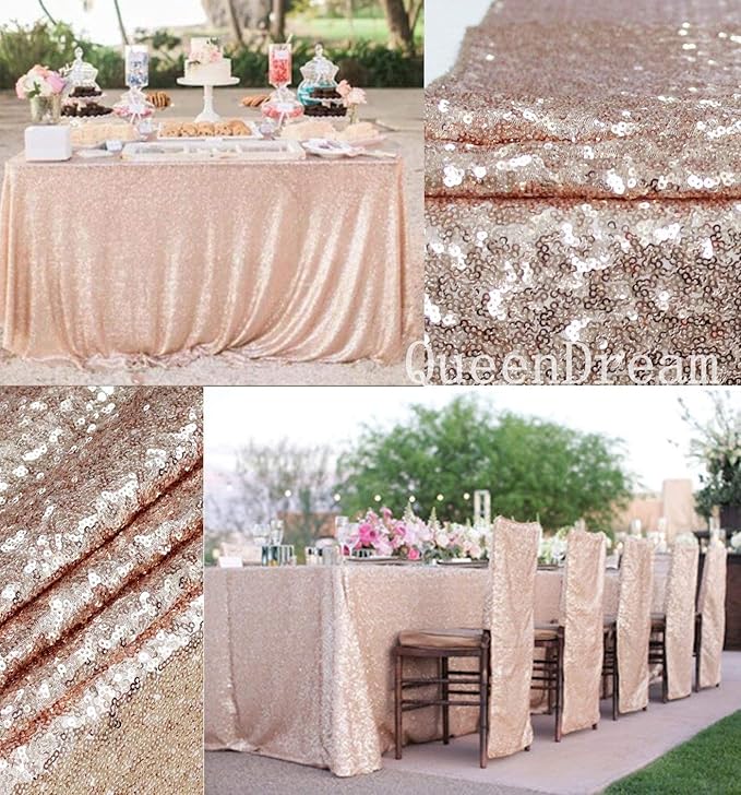 QueenDream Sequin Tablecloth 90"x132" Champagne Blush Party Tablecloth by QueenDream