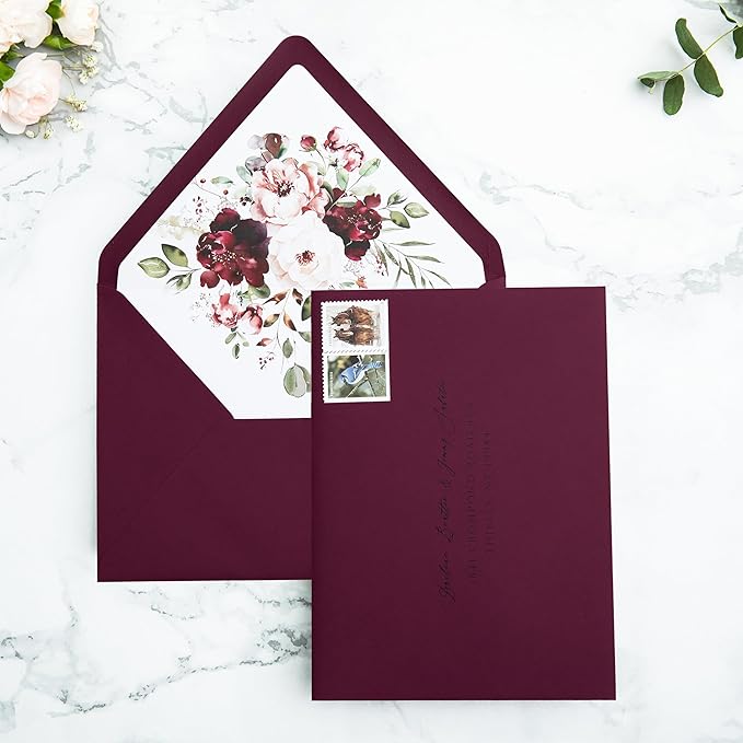 PONATIA 50PCS A7 Euro Flap Envelopes, 5.25 x 7.25'' Burgundy Flowers Liner - Image 4