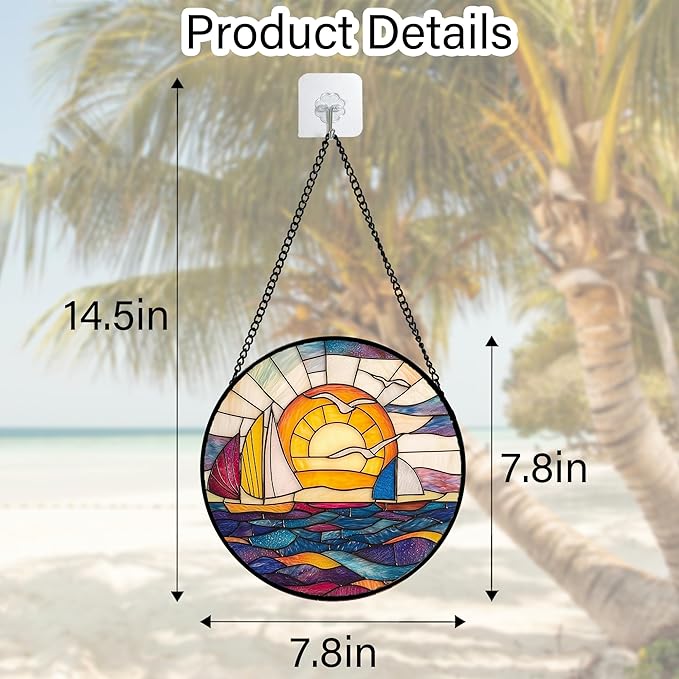 Stained Glass Window Hanging, Sailboat and Waves Suncatcher Diamond Glass Panel - Image 3