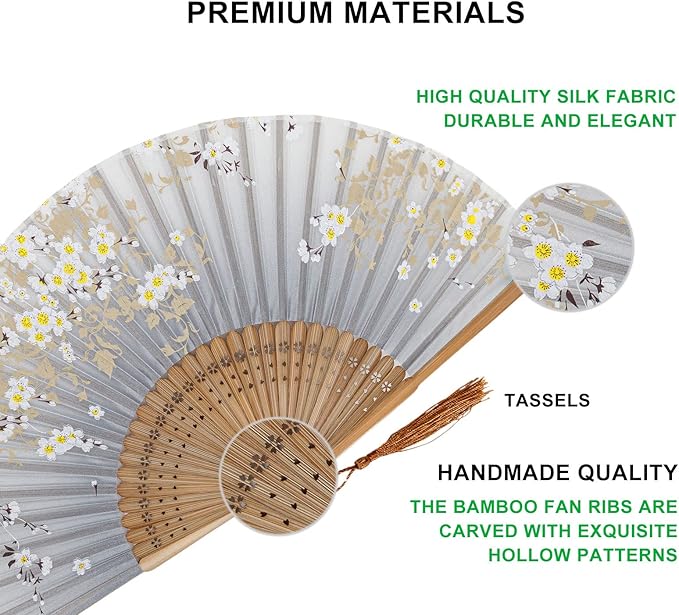 Amajiji 8.27" Hand Held Bamboo Silk Folding Fan Hand Fan, Chinese/Japanese - Image 4
