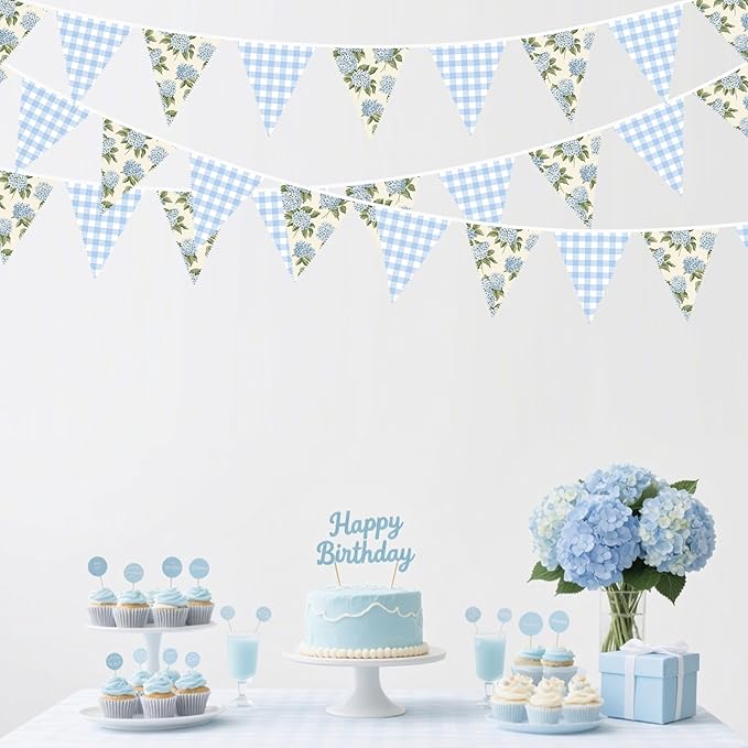 32Ft Blue Flora Party Decorations Blue Gingham HydrangeaTriangle Flag Fabric - Image 7