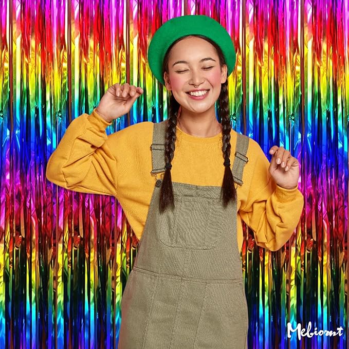 4 Pack Rainbow Fringe Curtain Backdrop, 3.2Ft x 6.6Ft Colorful Metallic Tinsel - Image 3