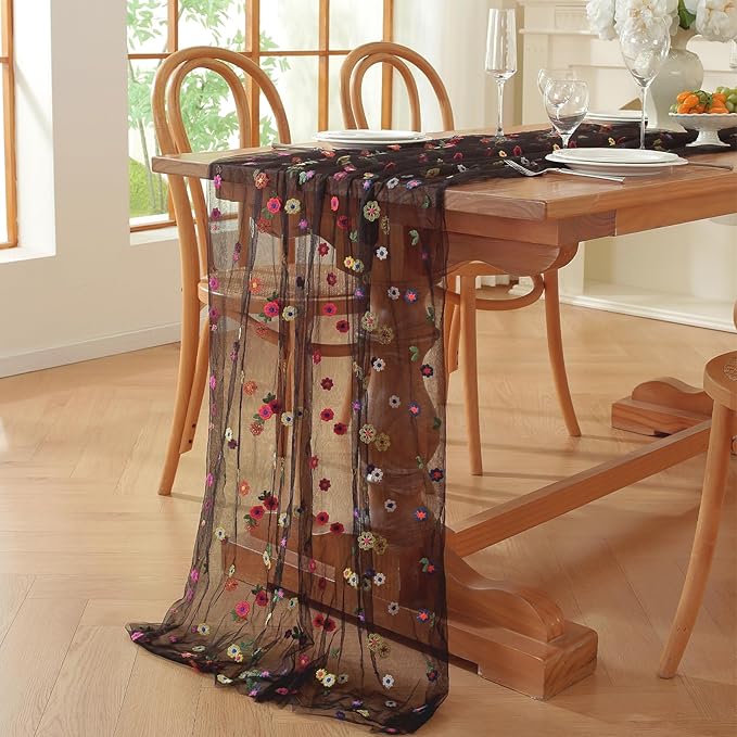Black Embroidery Daisy Fall Table Runner 120Inch 10FT Florals Soft Sheer Tulle - Image 7