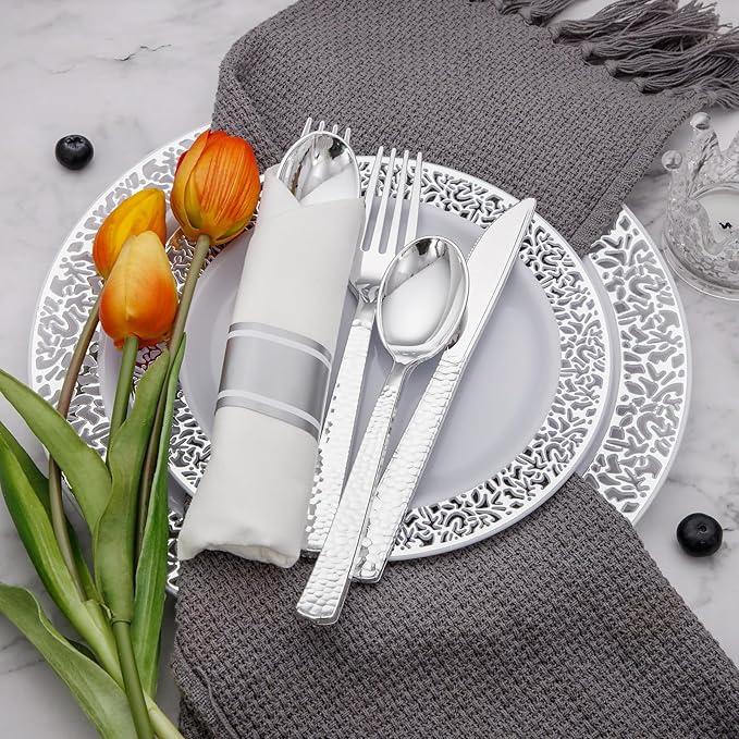 Supernal 60 Pack Pre-Rolled Silver Plastic Cutlery Heavy Duty Wrapped - Image 3