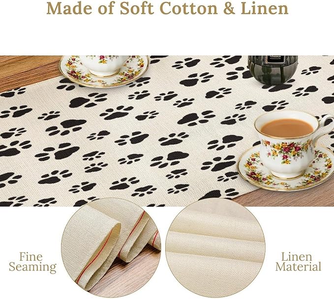 Dog Paws Table Runner, Cartoon Cute Black White Animal Footprints Abstract - Image 3