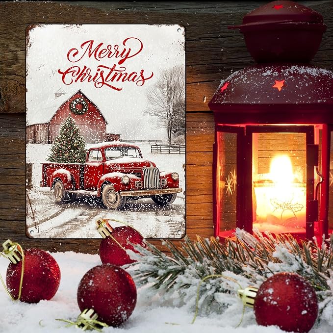 Vintage Christmas Red Truck Tin Sign Merry Christmas Truck Christmas Tree Metal - Image 5