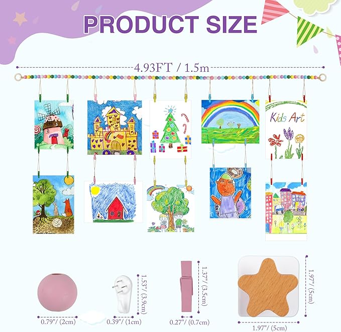 Kids Artwork Display Art Wall Decor 4.93ft Boho Wooden Beaded Garland Collage - Image 4