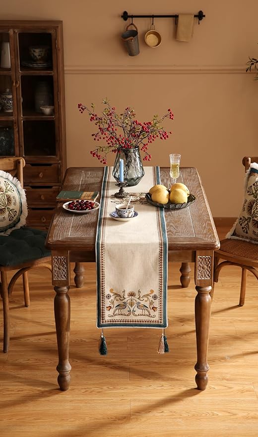 patdrea Designer Beige Farmhouse Geometric Patterned Linen Table Runner 87 Inch - Image 8