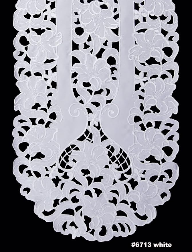 Creative Linens Embroidered Floral Table Runner 15x70 Oval Dresser Scarf White - Image 2