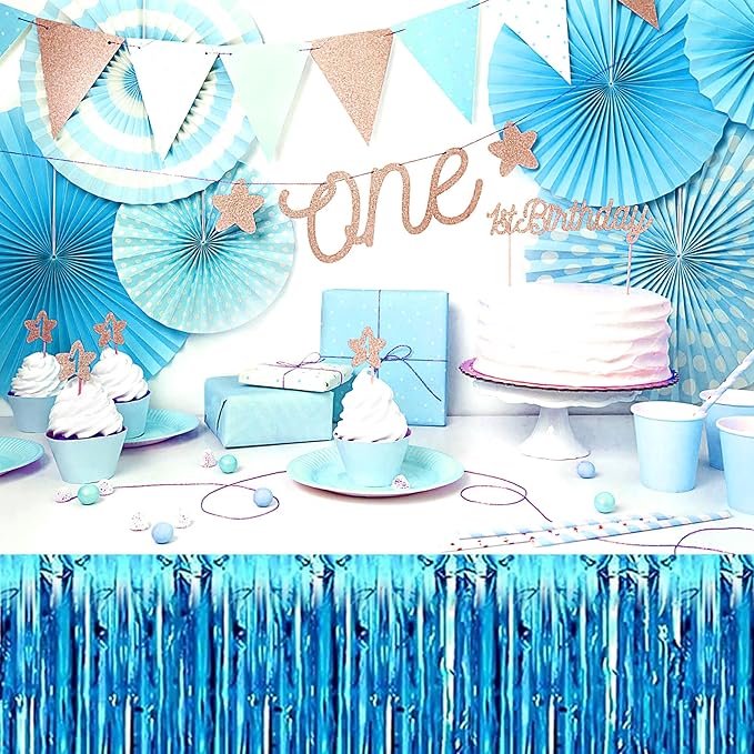 3 Pack Lake Blue Foil Fringe Table Skirts Metallic Tinsel Streamers Garland - Image 4