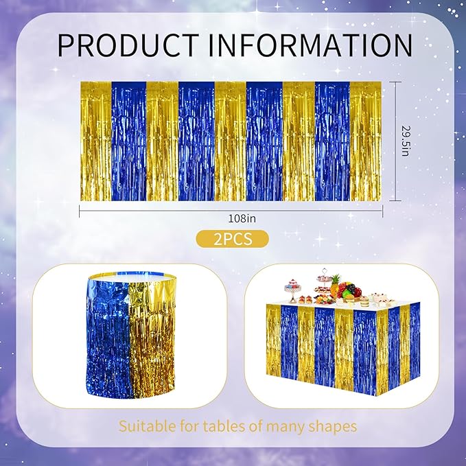 BEISHIDA 2 Pack Blue Gold Table Skirts Party Decorations Metallic Tinsel Foil - Image 2